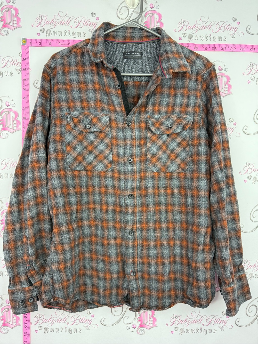 PROJEK RAW button up hooded Men's Orange & Gray Plaid Button-Down Shirt